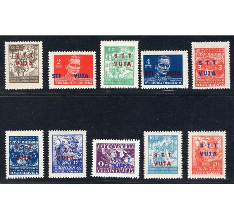 1949 - Trieste B, Soggetti vari, serie n° 7/16. Cert.: IC. Cat. € 280 (**)