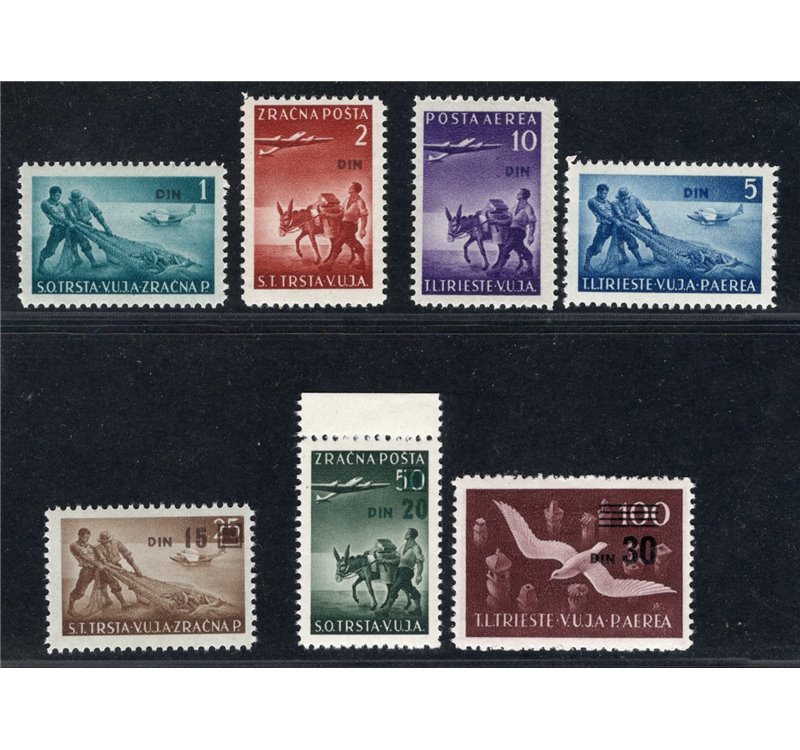 1953 - Trieste B, P.A. soggetti vari soprast. con nuovi valori in dinari, serie n° 10/16. Cat. € 280 (**)
