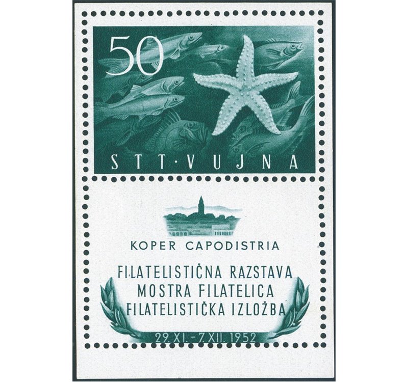 1952 - Trieste B, BF Mostra Filatelica di Capodistria, foglietto dent., n° 3. Cert.: Biondi (**)