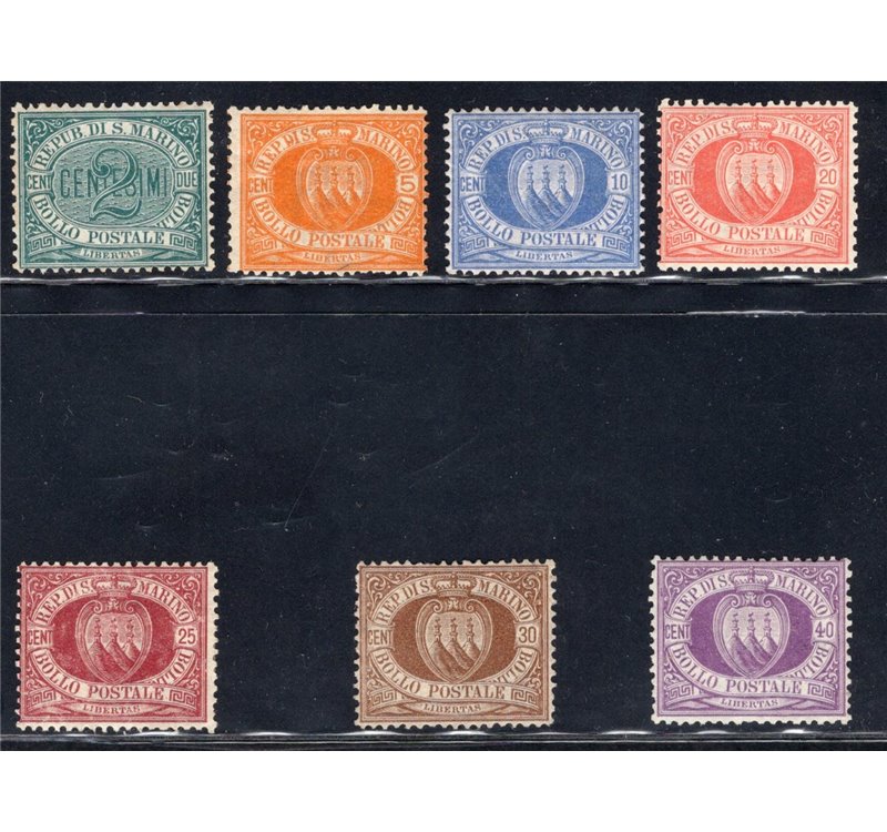 1877/90 - Stemma, serie n° 1/7. Varie firme. Cert.: IC. Cert.: Bolaffi (per il 40 c.). Cat. € 1.800 (*)