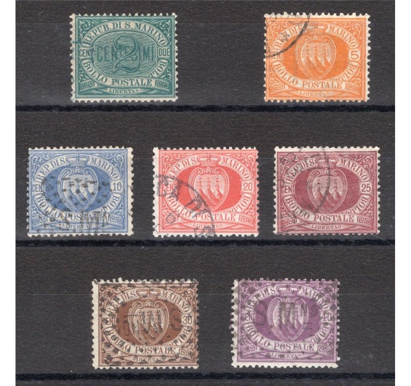 1877/90 - Stemma, serie n° 1/7. Cert.: IC. Cat. € 750 (U)