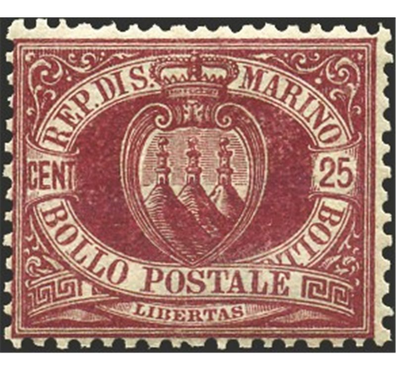 1877 - Stemma 25 c. lacca, n° 5 con discreta centratura. Cert.: Biondi. Cat. € 550 (**)
