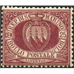 1877 - Stemma 25 c. lacca, n° 5 con discreta centratura. Cert.: Biondi. Cat. € 550 (**)