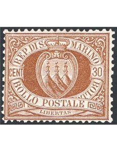 1877 - Stemma 30 c. bruno, n° 6. Firm.: AD - ED - Raybaudi - Fiecchi. Cert.: IC. Cat. € 1.950 (**)