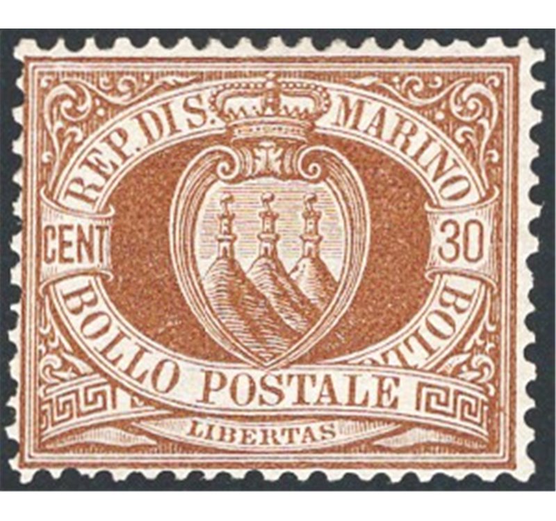 1877 - Stemma 30 c. bruno, n° 6. Firm.: AD - ED - Raybaudi - Fiecchi. Cert.: IC. Cat. € 1.950 (**)