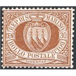 1877 - Stemma 30 c. bruno, n° 6. Firm.: AD - ED - Raybaudi - Fiecchi. Cert.: IC. Cat. € 1.950 (**)