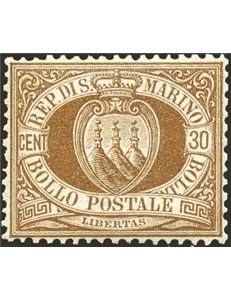 1877 - Stemma 30 c. bruno, n° 6 con ottima centratura. Cert.: Biondi. Cat. € 4.500 (*)