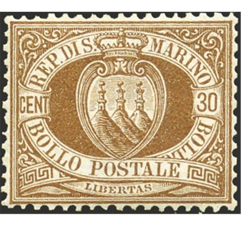 1877 - Stemma 30 c. bruno, n° 6 con ottima centratura. Cert.: Biondi. Cat. € 4.500 (*)