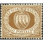 1877 - Stemma 30 c. bruno, n° 6 con ottima centratura. Cert.: Biondi. Cat. € 4.500 (*)