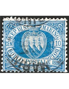 1888 - Stemma 10 c. azzurro, n° 3A. Cert.: IC. Cat. € 550 (U)