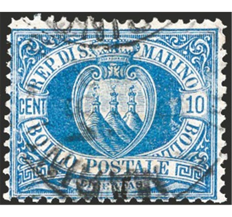 1888 - Stemma 10 c. azzurro, n° 3A. Cert.: IC. Cat. € 550 (U)