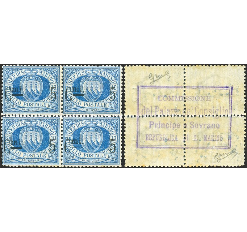 1892 - Stemma 5 c. su 10 azzurro in quartina. Al verso è presente un timbro in cartella "Commissione del Palazzo del Consiglio P