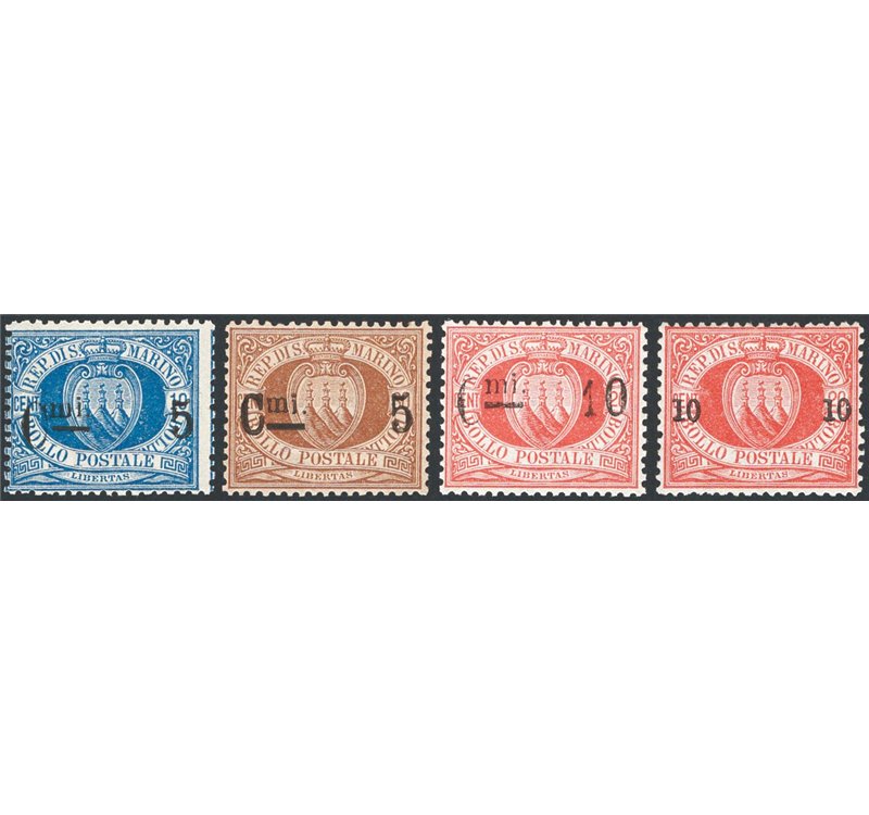 1892 - Stemma soprast., serie n° 8/11. Firm.: AD - Bolaffi - Chia. Cert.: IC. Cert.: Bolaffi (per il 5 c. azzurro). Cat. € 1.387