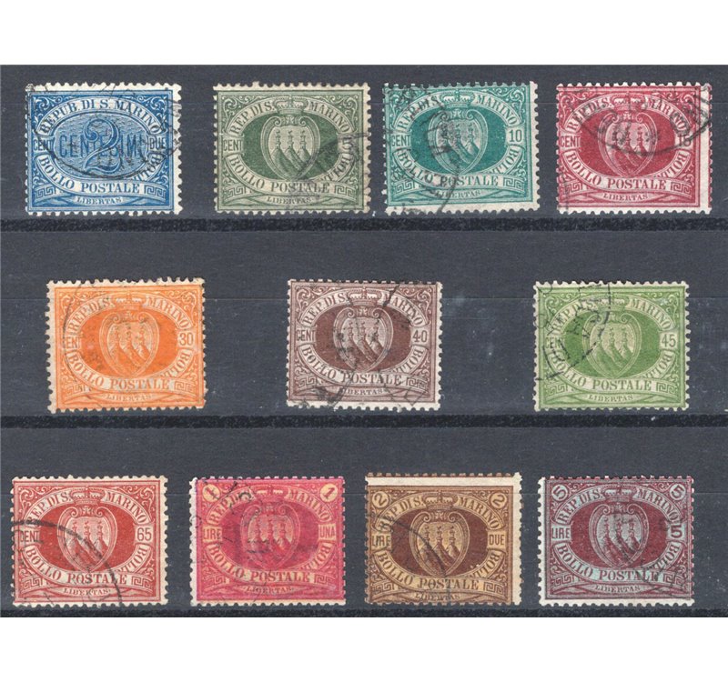 1892/94 - Cifra o stemma, serie n° 12/22. Cert.: IC. Cat. € 2.550 (U)