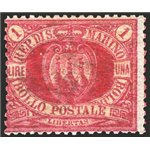 1892 - Stemma 1 £ carminio, n° 20. Firm.: AD - Chia. Cert.: IC. Cat. € 4.375 (**)