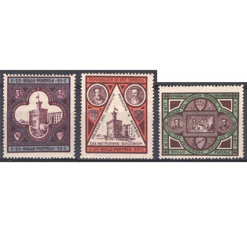 1894 - Inaugurazione del Palazzo del Governo, serie n° 23/25. Cert.: IC. Cat. € 442 (**)