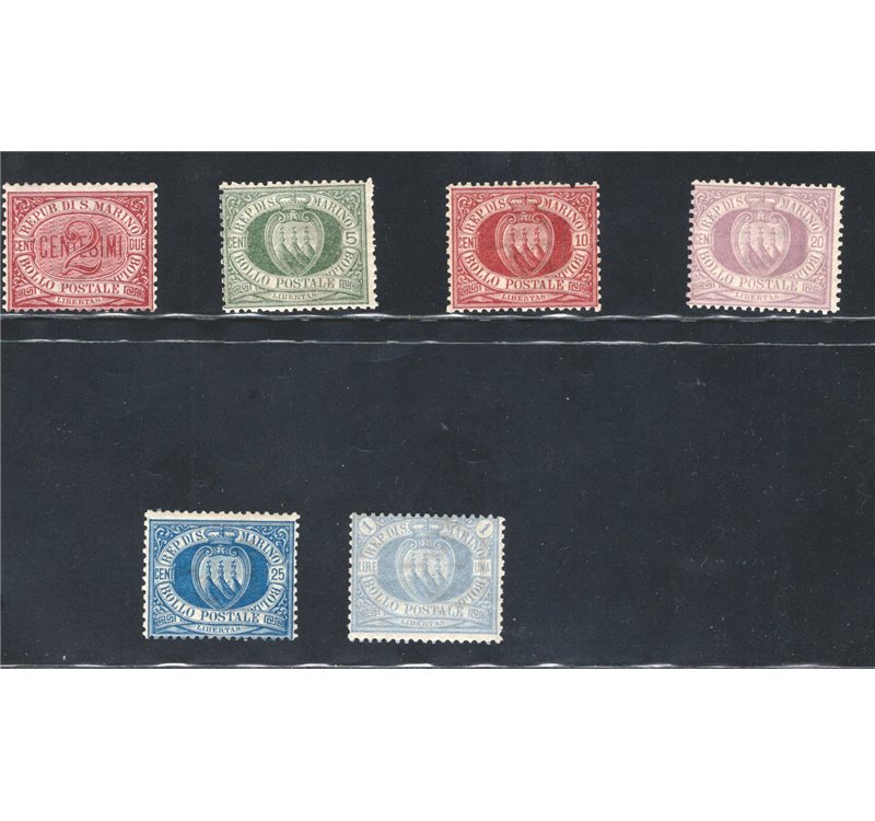 1894/99 - Stemma, serie n° 26/31. Firm.: Oliva - Raybaudi - ED. Cert.: IC. Cat. € 3.845 (**)