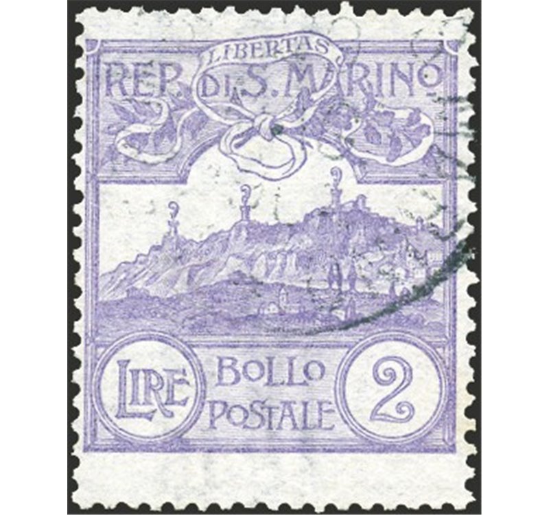 1902 - Vedute 2 £ violetto, n° 44. Cert.: Biondi. Cat. € 600 (U)
