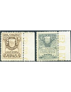 1910 - Stemma fondo giallo, serie n° 49/50 con ottima centratura. Cert.: Bolaffi - Biondi. Cat. € 2.750 (**)