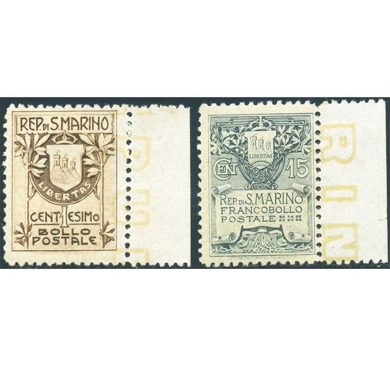 1910 - Stemma fondo giallo, serie n° 49/50 con ottima centratura. Cert.: Bolaffi - Biondi. Cat. € 2.750 (**)