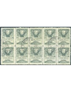 1910 - Stemma, 15 c. ardesia in blocco da 10 fondo giallo, n° 50 con eccezionale centratura (U)