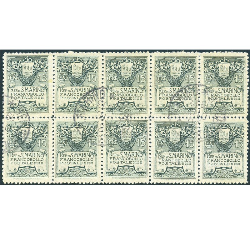 1910 - Stemma, 15 c. ardesia in blocco da 10 fondo giallo, n° 50 con eccezionale centratura (U)