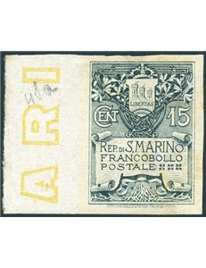 1910 - Stemma 15 c. non dent., formato più grande, bordo di foglio, n° 50a. Cert.: Biondi. Cat. € 1.500+ (**)