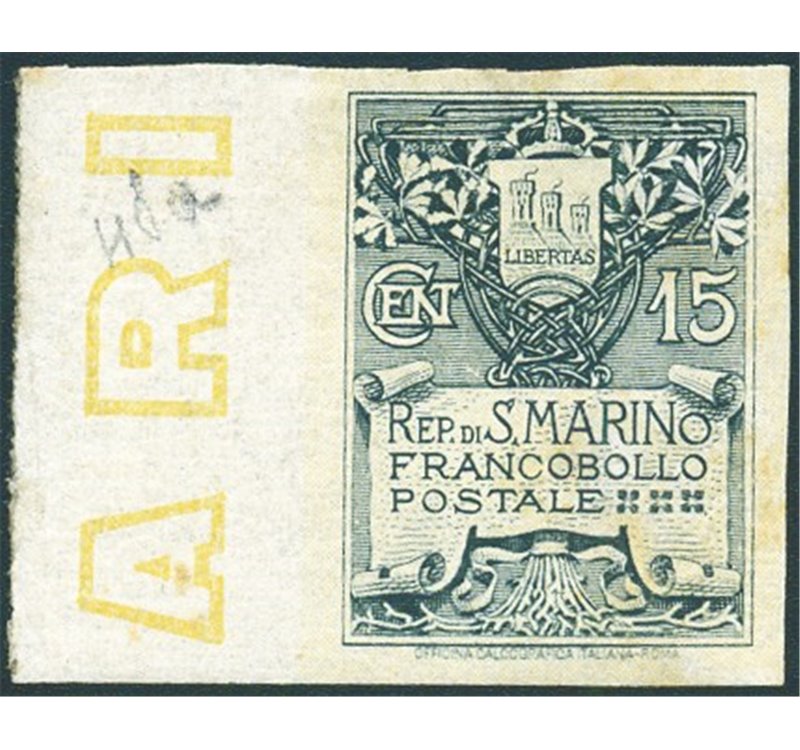 1910 - Stemma 15 c. non dent., formato più grande, bordo di foglio, n° 50a. Cert.: Biondi. Cat. € 1.500+ (**)