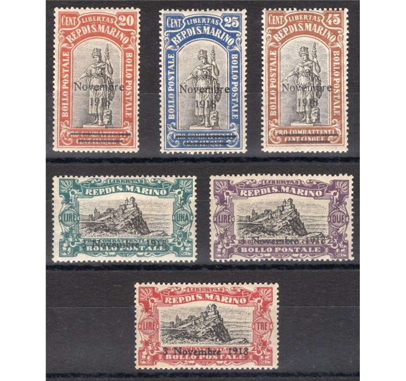 1918 - Pro Combattenti con soprast. "3 Novembre 1918", serie n° 63/68. Cert.: IC. Cat. € 250 (**)