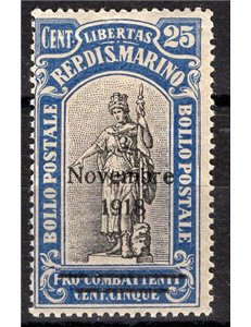 1917 - Pro Combattenti 25 c. oltremare gommato anche al recto con soprast. "3 Novembre 1918", n° 67c. Cat. € 90 (**)