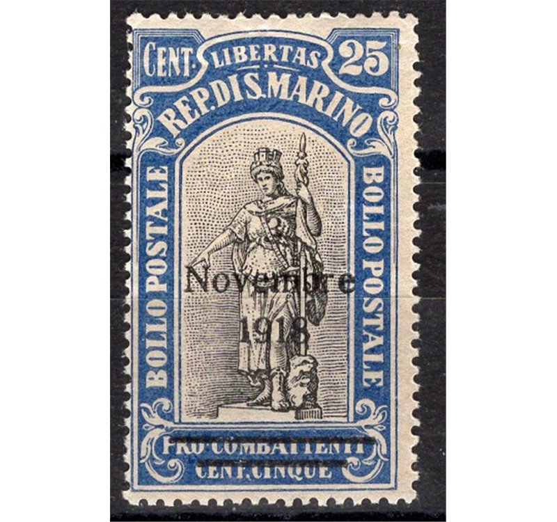 1917 - Pro Combattenti 25 c. oltremare gommato anche al recto con soprast. "3 Novembre 1918", n° 67c. Cat. € 90 (**)