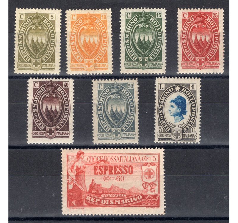 1923 - Pro Croce Rossa, serie n° 90/96 + Ex 4 ottimamente centrata per l'emissione. Cat. € 220 (**)