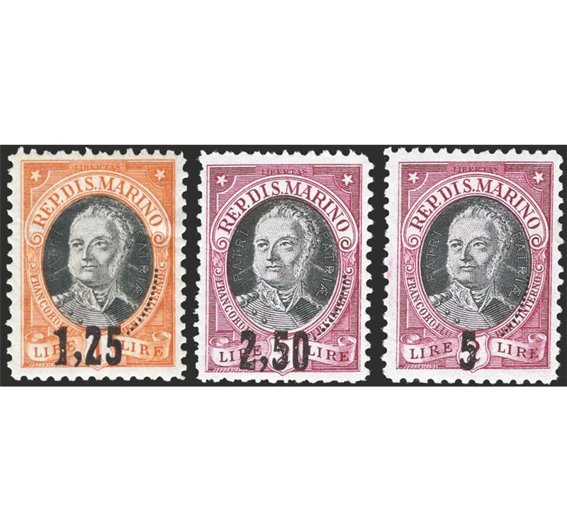 1927 - Onofri con nuovi valori soprast., serie n° 130/32 con ottima centratura. Cert.: IC. Cat. € 550 (**)