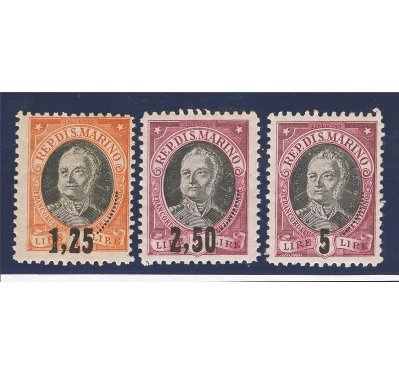 1927 - Onofri con nuovi valori soprast., serie n° 130/32. Cert.: IC. Cat. € 275 (**)