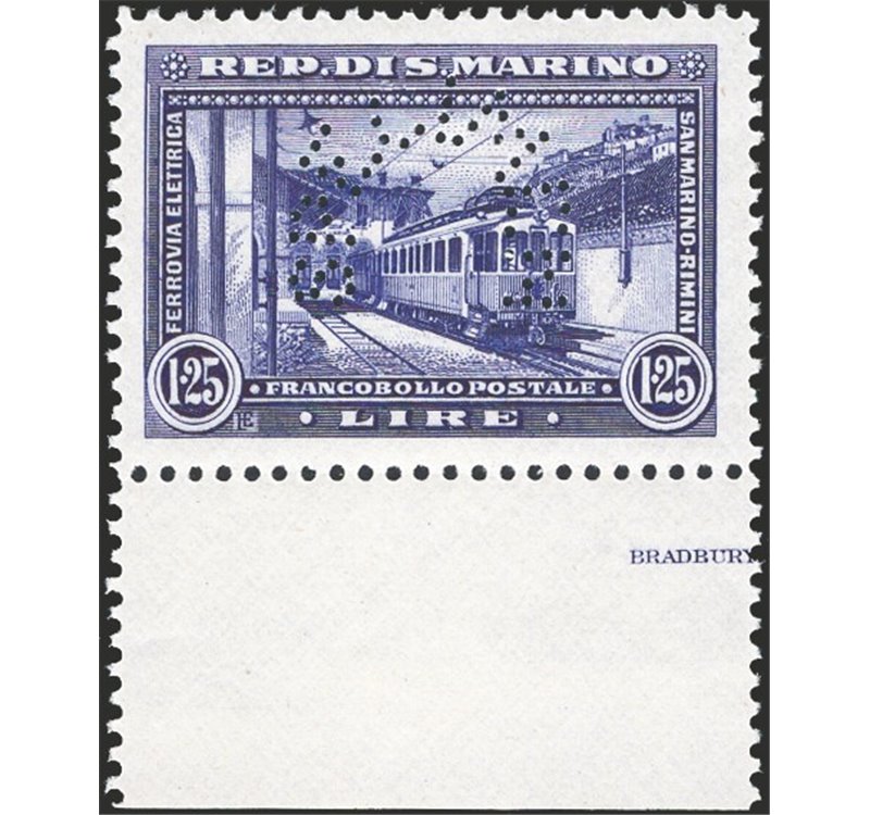 1932 - Treni saggio 1,25 £ violetto (colore cambiato) non emesso con perforazione ad arco “specimen”, serie n° P166. Cert.: IC. 