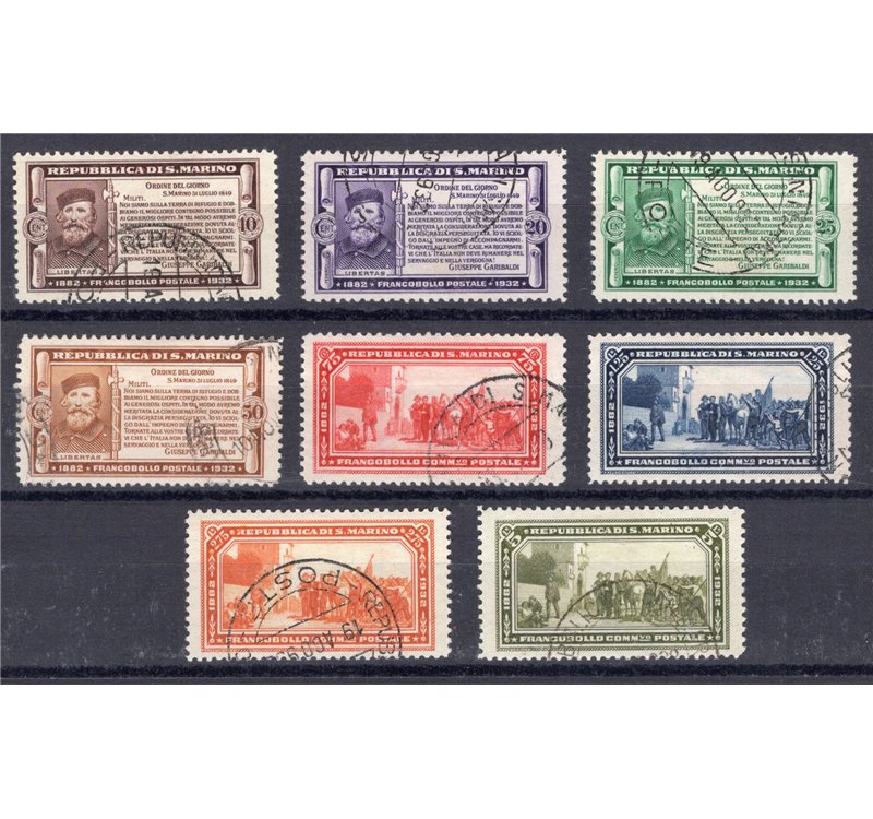 1932 - Garibaldi, serie n° 168/75. Cert.: Biondi. Cat. € 750 (U)