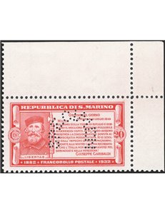 1932 - Garibaldi saggio 20 c. carminio (colore cambiato) non emesso con perforazione ad arco “specimen”, n° P169. Cert.: IC. Cer
