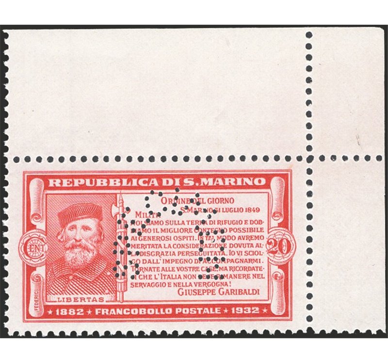 1932 - Garibaldi saggio 20 c. carminio (colore cambiato) non emesso con perforazione ad arco “specimen”, n° P169. Cert.: IC. Cer