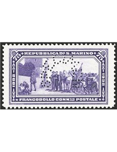 1932 - Garibaldi saggio 75 c. violetto (colore cambiato) non emesso con perforazione ad arco “specimen”, n° P172. Cert.: IC. Cer