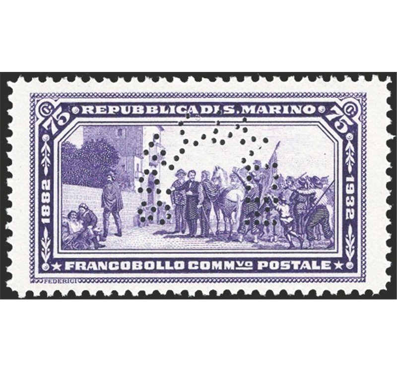 1932 - Garibaldi saggio 75 c. violetto (colore cambiato) non emesso con perforazione ad arco “specimen”, n° P172. Cert.: IC. Cer