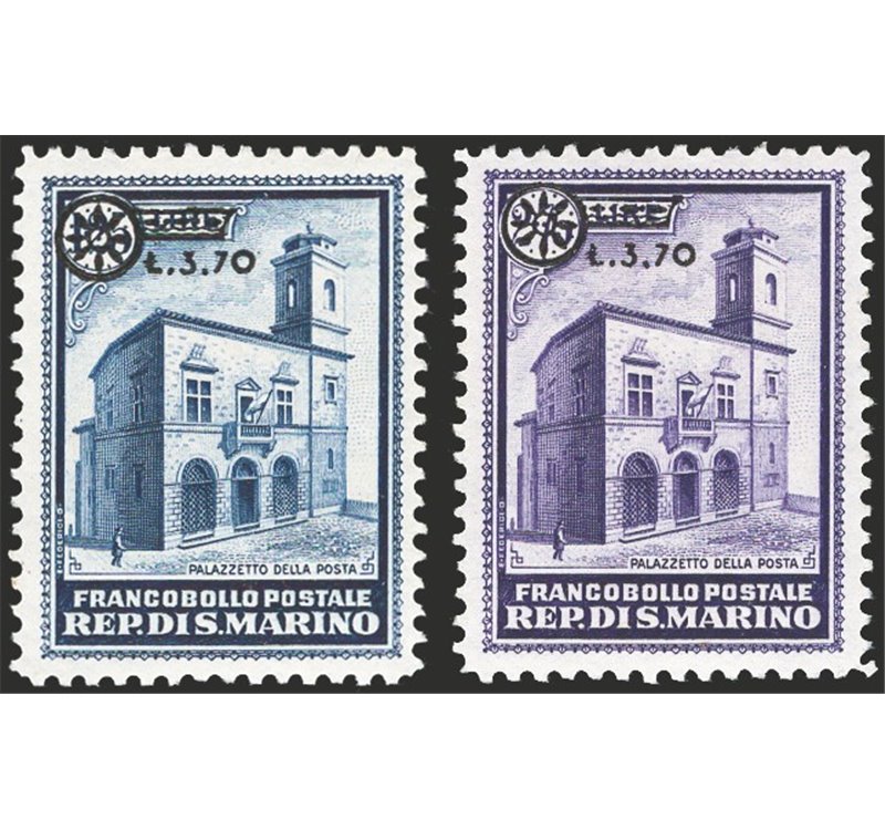 1934 - Palazzetto della posta 1,75 £ azzurro e 2,75 £ violetto con soprast. "L. 3,70" e fregio, serie n° 184/85. Cert.: IC. Cat.