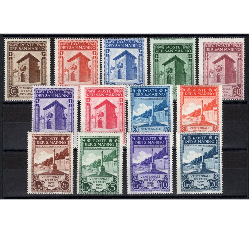 1943 - Ventennale dei Fasci Sanmarinesi, serie n° 240/52 non emessi. Cat. € 240 (**)