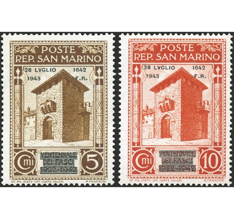 1943 - Caduta del Fascismo 5 c. bruno e 10 c. arancio con soprast. modificata, serie n° 253A/54A. Cert.: Biondi. Cat. € 4.400 (*