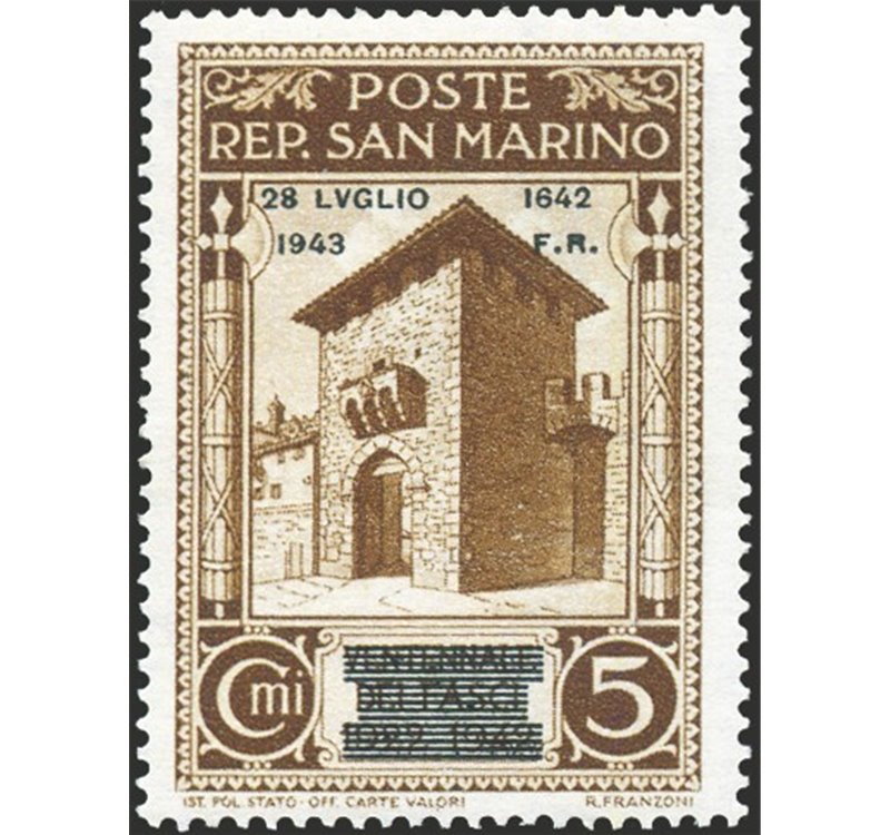 1943 - Caduta del Fascismo 5 c. bruno con soprast. modificata, n° 253A. Cert.: Biondi. Cat. € 2.200 (**)