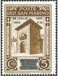 1943 - Caduta del Fascismo 5 c. bruno con soprast. modificata, n° 253A. Cert.: Biondi. Cat. € 1.100 (*)