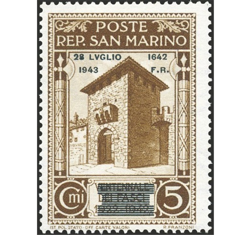 1943 - Caduta del Fascismo 5 c. bruno con soprast. modificata, n° 253A. Cert.: Biondi. Cat. € 1.100 (*)
