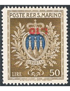 1946 - Stemma 50 £ oliva ed oltremare con soprast. capovolta “L. 10”, n° 297a. Cert.: Apicella. Cat. € 650 (**)