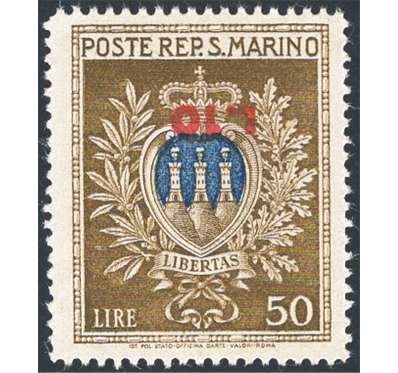 1946 - Stemma 50 £ oliva ed oltremare con soprast. capovolta “L. 10”, n° 297a. Cert.: Apicella. Cat. € 650 (**)