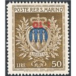1946 - Stemma 50 £ oliva ed oltremare con soprast. capovolta “L. 10”, n° 297a. Cert.: Apicella. Cat. € 650 (**)