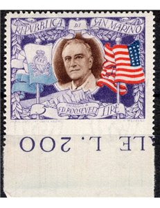 1947 - Roosevelt 5 £ non dent. in basso bordo di foglio, n° 303dda. Cat. € 110 (*)